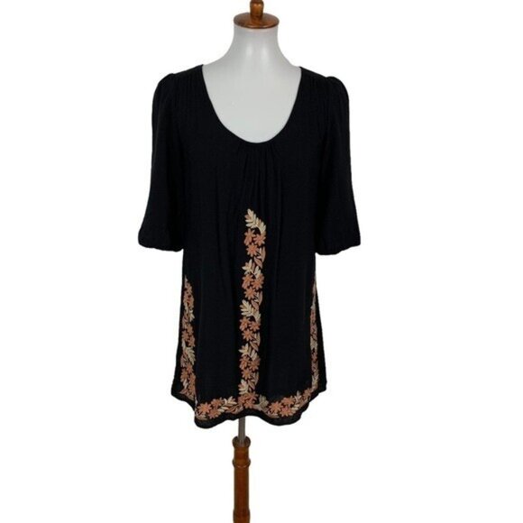 Theme Black Embroidered Boho Tunic Dress Small Floral Peasant Festival Retro - Picture 1 of 6